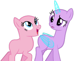 Size: 748x617 | Tagged: safe, artist:katsubases, oc, oc only, alicorn, earth pony, pony, alicorn oc, bald, base, confused, duo, duo female, earth pony oc, eyelashes, female, frown, horn, looking back, looking up, mare, open mouth, open smile, simple background, smiling, transparent background, wings