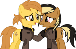 Size: 1082x710 | Tagged: safe, artist:katsubases, artist:pegasski, oc, oc only, oc:anna autumn, earth pony, pony, g4, base used, clothes, duo, duo female, earth pony oc, eyelashes, female, grin, looking at each other, mare, open mouth, open smile, raised hoof, simple background, smiling, smiling at each other, transparent background