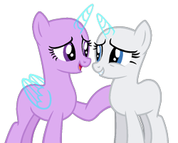 Size: 878x705 | Tagged: safe, artist:shiibases, oc, oc only, alicorn, pony, unicorn, alicorn oc, bald, base, duo, duo female, eyelashes, female, grin, horn, looking at each other, mare, open mouth, open smile, raised hoof, simple background, smiling, smiling at each other, transparent background, unicorn oc, wings