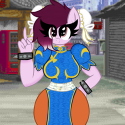Size: 3543x3543 | Tagged: safe, artist:chubbehbunneh16, oc, oc only, original species, shark, shark pony, anthro, chun li, clothes, cosplay, costume, female, high res, looking at you, smiling, smiling at you, solo, street fighter, video game character