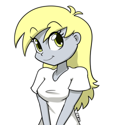 Size: 800x800 | Tagged: safe, artist:empyu, derpy hooves, equestria girls, g4, bust, clothes, cute, derpabetes, eyebrows, eyebrows visible through hair, female, looking at you, portrait, shirt, simple background, smiling, smiling at you, solo, t-shirt, underp, white background