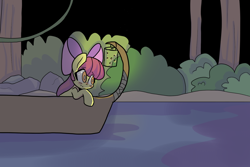 Size: 1280x853 | Tagged: safe, artist:lunawoonanight, apple bloom, earth pony, firefly (insect), insect, pony, g4, blushing, boat, female, filly, lantern, solo