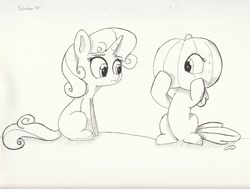Size: 1280x968 | Tagged: safe, artist:taurson, apple bloom, sweetie belle, earth pony, pony, unicorn, g4, duo, duo female, female, filly, looking at each other, pumpkin, sketch