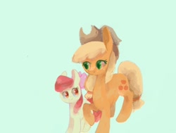 Size: 1280x970 | Tagged: safe, artist:laurasrxfgcc, apple bloom, applejack, earth pony, pony, g4, apple bloom's bow, applejack's hat, bow, cowboy hat, duo, duo female, female, filly, hair bow, hat, mare, siblings