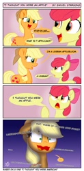 Size: 1000x2040 | Tagged: safe, artist:swivelstarsong, apple bloom, applejack, earth pony, pony, g4, ..., comic, female, filly, frown, mare, open mouth, open smile, smiling, speech bubble