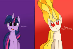 Size: 3600x2400 | Tagged: safe, artist:bestponies, twilight sparkle, pony, unicorn, g4, bedroom eyes, dialogue, eye clipping through hair, eyebrows, eyebrows visible through hair, female, high res, mane of fire, mare, open mouth, open smile, rapidash twilight, simple background, smiling, talking, unicorn twilight