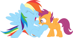 Size: 3586x1895 | Tagged: safe, artist:porygon2z, rainbow dash, scootaloo, pegasus, pony, g4, belly tickling, cute, cutealoo, dashabetes, duo, duo female, eyes closed, feather, female, filly, grin, high res, laughing, lesbian, mare, open mouth, open smile, shipping, simple background, smiling, tickling, transparent background