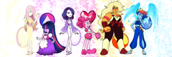 Size: 1500x500 | Tagged: safe, artist:jvartes6112, applejack, fluttershy, pinkie pie, rainbow dash, rarity, twilight sparkle, gem (race), g4, :d, artificial wings, augmented, bracelet, clothes, creamrose pearl, crossover, dress, eyelashes, feet, female, gem, gemsona, gloves, group, hydrokinesis, jasper (mineral), jewelry, lapis lazuli, magic, magic wings, mane six, mineral, party spinel, pearl, pinel, quartz, rainbow lapis lazuli, sapphire, sextet, smiling, species swap, spinel, star sapphire (sapphire), steven universe, strong jasper, thinking, violane pearl, water, wings