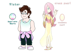 Size: 1596x1080 | Tagged: safe, artist:jvartes6112, fluttershy, oc, oc:victor, gem (race), human, hybrid, g4, angel aura quartz, clothes, creamrose pearl, crossover, duo, duo male and female, female, gem, gemsona, hair over one eye, male, pants, pearl, quartz, simple background, smiling, species swap, steven universe, transparent background