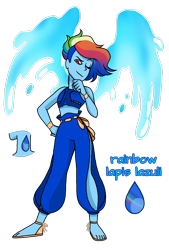 Size: 1080x1596 | Tagged: safe, artist:jvartes6112, rainbow dash, gem (race), g4, artificial wings, augmented, bracelet, clothes, crossover, feet, female, gem, gemsona, hydrokinesis, jewelry, lapis lazuli, magic, magic wings, one eye closed, rainbow lapis lazuli, sandals, simple background, smiling, solo, species swap, steven universe, thinking, transparent background, water, wings, wink