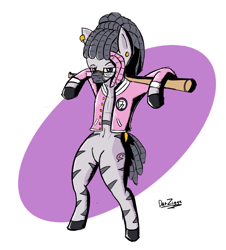 Size: 2781x3072 | Tagged: safe, artist:datzigga, oc, oc only, oc:dizzy, zebra, semi-anthro, arm hooves, bipedal, dreadlocks, featureless crotch, frown, glasses, high res, looking at you, piercing, solo, standing on two hooves, varsity jacket, zebra oc