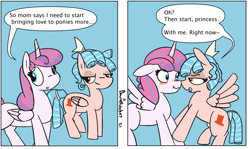 Size: 1817x1080 | Tagged: safe, artist:davierocket, cozy glow, princess flurry heart, alicorn, pegasus, pony, g4, 2 panel comic, and then sex happened, blushing, comic, female, filly, flirting, flying, leg grab, lesbian, lidded eyes, older, older cozy glow, older flurry heart, ship:cozyheart, shipping, simple background, speech bubble, spread wings, text, wings