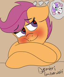 Size: 3000x3600 | Tagged: safe, artist:demitri, scootaloo, sweetie belle, pegasus, pony, unicorn, g4, blushing, crush, eyebrows, eyebrows visible through hair, female, floppy ears, heart eyes, high res, lesbian, newbie artist training grounds, one eye closed, open mouth, open smile, ship:scootabelle, shipping, smiling, thought bubble, tongue out, wingding eyes, wink