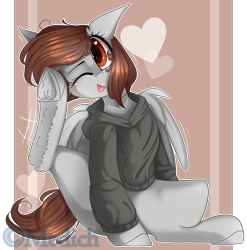 Size: 2121x2150 | Tagged: safe, artist:mediasmile666, oc, oc only, pegasus, pony, clothes, eye clipping through hair, female, heart, high res, hoodie, looking at you, mare, one eye closed, pegasus oc, smiling, smiling at you, solo, tongue out, underhoof