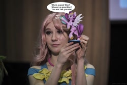 Size: 1280x853 | Tagged: safe, edit, fluttershy, pipp petals, human, g5, 2021, clothes, convention, cosplay, costume, cyrillic, irl, irl human, newbronycon, photo, rubronycon, russian