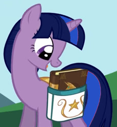 Size: 485x530 | Tagged: safe, edit, edited screencap, screencap, twilight sparkle, twilight twinkle, pony, unicorn, friendship is magic, g4, season 1, bag, book, book of harmony, cropped, looking down, saddle bag, show bible, smiling, solo, stars, unicorn twilight, what could have been