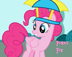 Size: 454x360 | Tagged: safe, pinkie pie, pegasus, pony, g4, 2009, generation b, hat, looking down, misspelling, my little pony adventures, pegasus pinkie pie, pinky pie, prototype, race swap, show bible, show pilot, smiling, solo, start of ponies, umbrella, umbrella hat