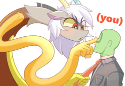 Size: 1331x921 | Tagged: safe, artist:nignogs, discord, oc, oc:anon, draconequus, human, g4, (you), animated, blushing, boop, elastic, eris, female, gif, looking at each other, male, open mouth, pointing, ponybooru import, pulling, reversed gender roles equestria, reversed gender roles equestria general, rule 63, simple background, white background