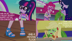 Size: 1280x720 | Tagged: safe, edit, edited screencap, editor:quoterific, screencap, applejack, fluttershy, pinkie pie, sci-twi, twilight sparkle, equestria girls, equestria girls series, g4, spring breakdown, spoiler:eqg series (season 2), clothes, cute, dress, female, geode of super strength, geode of telekinesis, glasses, green face, legs, luxe deluxe, magical geodes, offscreen character, open mouth, open-toed shoes, seasickness, skirt, sleeveless, sleeveless dress, smiling, twiabetes, yacht