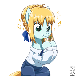 Size: 2000x2000 | Tagged: safe, artist:digiral, earth pony, pony, anime, artoria pendragon, eating, fate/stay night, female, food, heart eyes, herbivore, high res, mare, ponified, saber, sandwich, simple background, solo, white background, wingding eyes