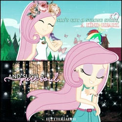 Size: 1080x1080 | Tagged: safe, edit, edited screencap, editor:flutteriaeth, screencap, fluttershy, rainbow dash, bird, equestria girls, g4, legend of everfree - bloopers, my little pony equestria girls: legend of everfree, belt, camp everfree outfits, clothes, cute, duo, duo female, eyes closed, female, shyabetes, skirt, sleeveless, tank top