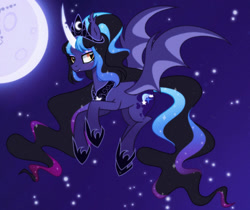 Size: 1395x1170 | Tagged: safe, artist:moonbatz, oc, oc only, oc:stella luna, alicorn, pony, female, flying, mare, moon, night, solo