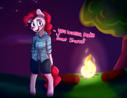 Size: 4500x3500 | Tagged: safe, artist:packy paca, pinkie pie, earth pony, semi-anthro, g4, arm hooves, blushing, campfire, clothes, female, high res, log, looking at you, open mouth, open smile, smiling, smiling at you, solo, standing, talking, talking to viewer, text, tree