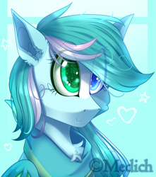 Size: 2022x2283 | Tagged: safe, artist:mediasmile666, oc, oc only, bat pony, pony, abstract background, bat pony oc, bat wings, bust, chest fluff, eye clipping through hair, eyebrows, eyebrows visible through hair, female, heterochromia, high res, mare, smiling, solo, wings