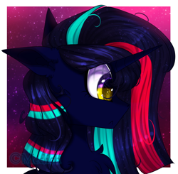 Size: 1510x1480 | Tagged: safe, artist:mediasmile666, oc, oc only, pony, unicorn, abstract background, bust, female, frown, horn, mare, profile, side view, solo, unicorn oc