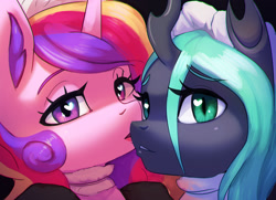 Size: 1900x1375 | Tagged: safe, artist:mrscroup, princess cadance, queen chrysalis, alicorn, changeling, changeling queen, pony, g4, clothes, female, heart eyes, infidelity, kissing, lesbian, maid, mare, ship:cadalis, shipping, wingding eyes