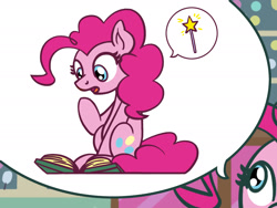 Size: 1800x1350 | Tagged: safe, artist:flutterluv, pinkie pie, earth pony, pony, g4, atg 2021, book, newbie artist training grounds, solo, speech bubble