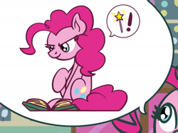 Size: 1800x1350 | Tagged: safe, artist:flutterluv, pinkie pie, earth pony, pony, g4, atg 2021, book, newbie artist training grounds, solo, speech bubble
