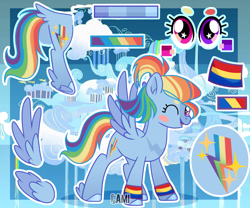 Size: 3600x3000 | Tagged: safe, artist:camikamen, rainbow dash, pony, g4, alternate cutie mark, alternate hairstyle, high res, one eye closed, reference sheet, solo, two toned wings, wings, wink