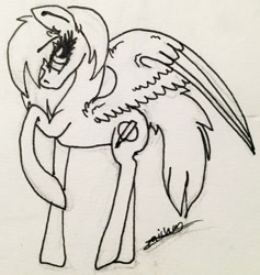 Size: 2196x2318 | Tagged: safe, artist:beamybutt, oc, oc only, pegasus, pony, eyelashes, female, high res, lineart, mare, pegasus oc, raised hoof, signature, solo, traditional art