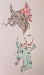 Size: 1705x2923 | Tagged: safe, artist:agdapl, pharynx, changedling, changeling, g4, bust, fangs, male, prince pharynx, reference sheet, solo, tongue out, traditional art