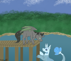 Size: 1750x1500 | Tagged: safe, artist:misskanabelle, oc, oc only, changeling, pony, seapony (g4), changeling oc, choker, cloud, duo, fish tail, green changeling, horn, looking at each other, looking at someone, outdoors, pier, seaponified, seapony oc, signature, smiling, smiling at each other, species swap, spiked choker, tail, water