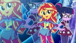 Size: 1920x1080 | Tagged: safe, artist:pegasski, artist:pinkiespartygirl, sci-twi, sunset shimmer, twilight sparkle, equestria girls, g4, my little pony equestria girls: friendship games, clothes, eyelashes, female, glasses, hand on hip, open mouth, skirt, smiling, zoom layer