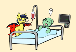 Size: 1300x900 | Tagged: safe, artist:lyrabop, oc, oc only, oc:cheeseblood, bat pony, ghost, pony, undead, :3, bat pony oc, bat wings, bed, blood, blood pack, death, drinking, drinking blood, duo, female, heart rate monitor, mattress, simple background, spread wings, wings