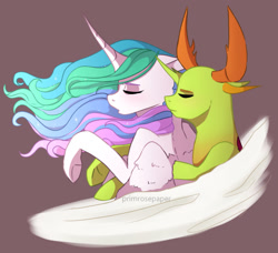 Size: 1280x1167 | Tagged: safe, artist:primrosepaper, princess celestia, thorax, alicorn, changedling, changeling, pony, g4, brown background, bust, cuddling, eyes closed, feather, female, flowing mane, horn, horns, king thorax, male, mare, shipping, simple background, sleeping, snuggling, spooning, straight, thoralestia, wings
