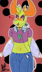 Size: 1622x2796 | Tagged: safe, artist:fetishsketches, thorax, changedling, changeling, anthro, g4, belly button, blushing, clothes, collar, commission, commissioner:navelcolt, femboy, headphones, high res, horn, horn ring, jeans, king thorax, looking at you, male, open mouth, open smile, pants, ring, short shirt, smiling, smiling at you, solo