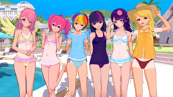 Size: 8000x4500 | Tagged: safe, artist:kokonashi, applejack, fluttershy, pinkie pie, rainbow dash, rarity, twilight sparkle, human, g4, 3d, absurd file size, absurd resolution, belly button, bikini, blushing, charastudio, clothes, elf ears, explicit source, female, grin, group photo, humanized, koikatsu, looking at you, mane six, mmd, open mouth, open smile, smiling, smiling at you, swimming pool, swimsuit, tan lines, winged humanization, wings, younger