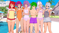 Size: 8000x4500 | Tagged: safe, artist:kokonashi, apple bloom, diamond tiara, scootaloo, silver spoon, spike, sweetie belle, human, g4, 3d, belly button, clothes, cutie mark crusaders, elf ears, explicit source, female, group photo, humanized, koikatsu, male, male nipples, nipples, one-piece swimsuit, swimming pool, swimming trunks, swimsuit, tan lines, winged humanization, wings