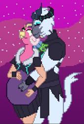 Size: 605x891 | Tagged: safe, artist:jacalope, princess eris, storm king, draconequus, yeti, g4, my little pony: the movie, eristorm, female, hand on belly, happy, male, pixel art, pregnant, shipping, straight