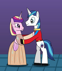 Size: 1280x1481 | Tagged: safe, artist:platinumdrop, princess cadance, shining armor, alicorn, pony, unicorn, g4, bipedal, clothes, dancing, dress, female, labyrinth, looking at each other, male, mare, request, ship:shiningcadance, shipping, smiling, smiling at each other, stallion, straight, uniform