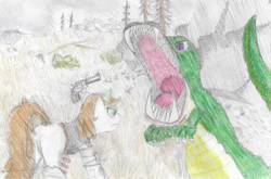 Size: 2464x1627 | Tagged: safe, artist:toshimatsu, derpibooru exclusive, oc, oc only, oc:littlepip, pony, unicorn, fallout equestria, attack on pony, butt, clothes, fanfic, fanfic art, glowing horn, gun, horn, magic, pipbuck, plot, radigator, raider armor, tail, telekinesis, traditional art, vest, weapon