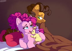 Size: 2048x1448 | Tagged: safe, artist:avery-valentine, cheese sandwich, li'l cheese, pinkie pie, earth pony, pony, g4, the last problem, baby, baby pony, bed, father and child, father and daughter, female, male, mother and child, mother and daughter, older, older cheese sandwich, older cheesepie, older pinkie pie, parent, pillow, ship:cheesepie, shipping, sleeping, straight