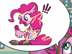 Size: 1800x1350 | Tagged: safe, artist:flutterluv, pinkie pie, earth pony, hippogriff, pony, g4, atg 2021, book, exclamation point, hippogriffied, magic, newbie artist training grounds, solo, species swap, speech bubble, transformation