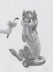 Size: 2334x3138 | Tagged: safe, artist:joestick, oc, oc only, pony, unicorn, bow, female, high res, monochrome, offscreen character, present, riding crop, traditional art