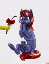 Size: 2383x3122 | Tagged: safe, artist:joestick, editor:vedont, oc, oc only, pony, unicorn, bow, colored, female, high res, offscreen character, present, riding crop