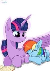 Size: 2480x3507 | Tagged: safe, artist:twidasher, rainbow dash, twilight sparkle, alicorn, pegasus, pony, g4, book, butt pillow, duo, eyes closed, female, happy, high res, lesbian, mare, ship:twidash, shipping, signature, simple background, size difference, sleeping, smiling, twilight sparkle (alicorn), white background, wing blanket, winghug, wings